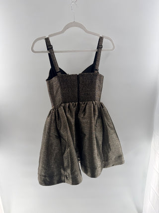 NWT All Saints Aimsie Corset Pleated Fit & Flare Mini Dress Metallic Gold US 2