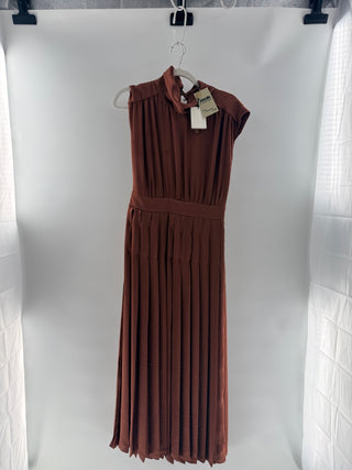 NWT Massimo Dutti Cap Sleeve Cowl Neck Pleated A-Line Midi Dress Brown Womens 6