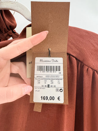 NWT Massimo Dutti Cap Sleeve Cowl Neck Pleated A-Line Midi Dress Brown Womens 6