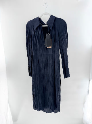 NWT Karolina Zmarlak Satin Long Sleeve Crinkle Midi Shirtdress Navy Womens XS