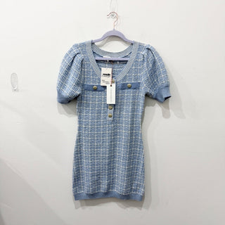 NWT LoveShackFancy Sailor Lurex Tweed Knit Mini Dress Light Blue Check Womens S