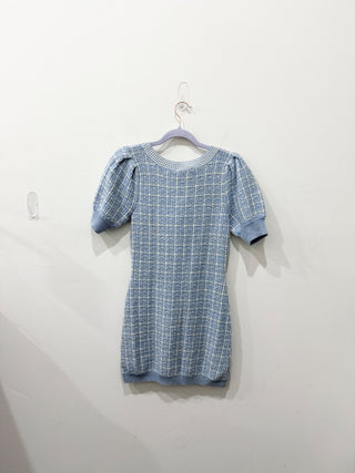 NWT LoveShackFancy Sailor Lurex Tweed Knit Mini Dress Light Blue Check Womens S