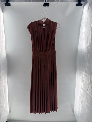 NWT Massimo Dutti Cap Sleeve Cowl Neck Pleated A-Line Midi Dress Brown Womens 6