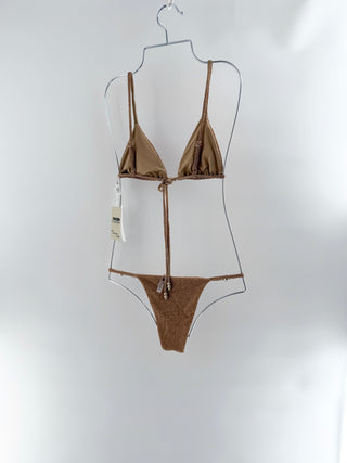 Devon Windsor two-piece bikini set featuring the zuri bikini top and zack bikini bottom in shimmering metallic fabric, S
