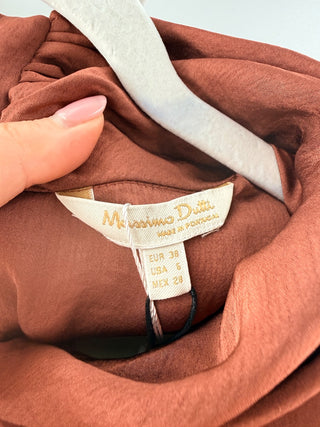 NWT Massimo Dutti Cap Sleeve Cowl Neck Pleated A-Line Midi Dress Brown Womens 6