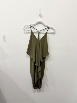 Olivaceous Sleeveless V-Neck Flowy Ruffle Trim Mini Dress Green Women's Small