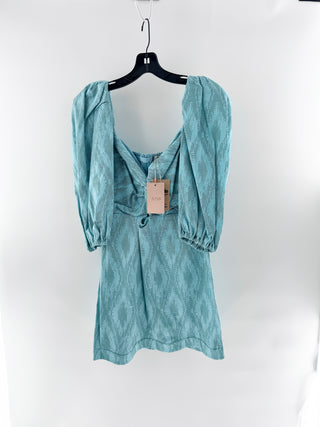 NWT Alexis Valera Puff Sleeve Sweetheart Neck Mini Dress Jade Weave Women's S