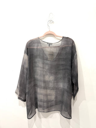 Eileen Fisher Silk 3/4 Sleeve Semi-Sheer V-Neck Hi-Low Blouse Gray Womens Size L
