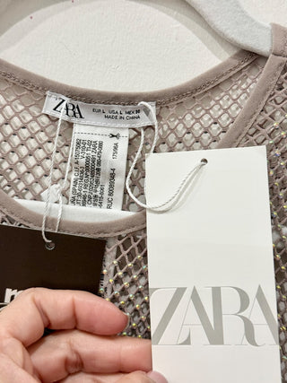 Zara Sleeveless Rhinestone Sparkly Mesh Net Maxi Cover Up Dress Silver Women's L