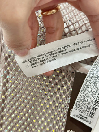 Zara Sleeveless Rhinestone Sparkly Mesh Net Maxi Cover Up Dress Silver Women's L