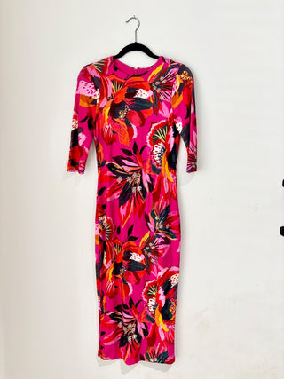 Farm Rio pink red floral jersey midi dress, S