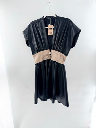 Alexis Berlin Vegan Leather Mini Dress with Contrast Belt Black Women's Medium