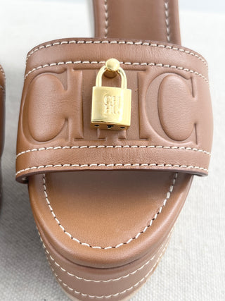 Carolina Herrera Tan Wedge with logo, 36