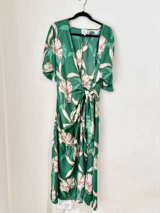 MISA green floral wrap maxi dress, M