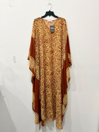 Elsa Cohen Floral Paisley Oversized Cover Up Kaftan Dress Brown/Yellow One Size