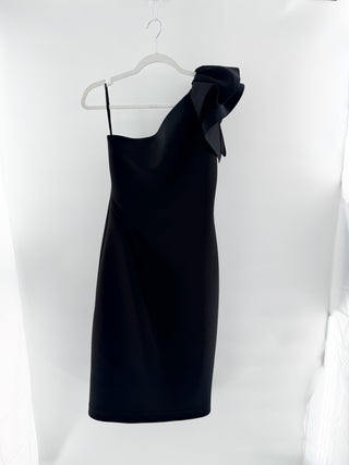 Jovani Ruffle Trim Asymmetric One Shoulder Pencil Midi Dress Black Womens Size 2