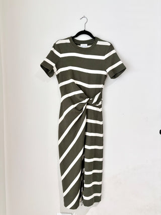 Tanya Taylor green white jersey striped ruched midi dress, S