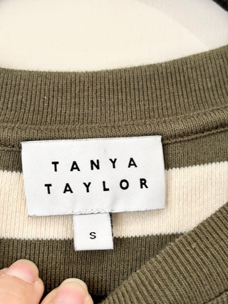 Tanya Taylor green white jersey striped ruched midi dress, S