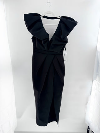 Mable Flutter Sleeve Plunging V-Neck Pleated Maxi Dress Black Women's Size M