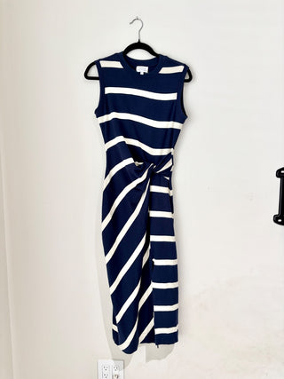 Tanya Taylor navy blue white striped jersey ruched midi dress, S