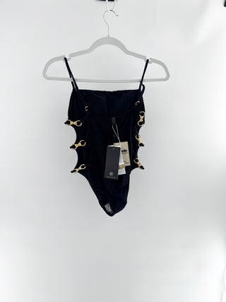 Vix one-piece swimsuit crafted from textured stretch swim fabric, featuring striking side cutout details accented with gold-tone ring hardware, M