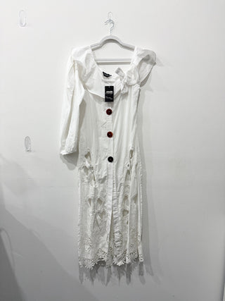 NWT Myriam Arroyave Asymmetric Sleeve Semi Sheer Cover-Up Midi Dress White S/M