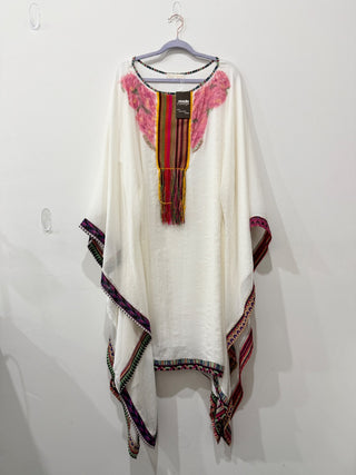 Elsa Cohen Fringe Embellished Oversized Kaftan Dress White Multi Womens One Size