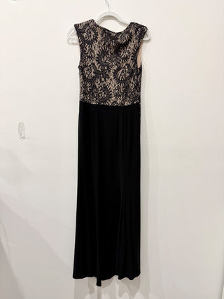 Xscape Lace Trim Sleeveless Stretchy Long Cocktail Dress Black/Nude Women's 8P