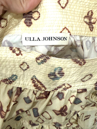 Ulla Johnson cream pattern set: top and mini ruffle skirt, 0 top / 2 skirt