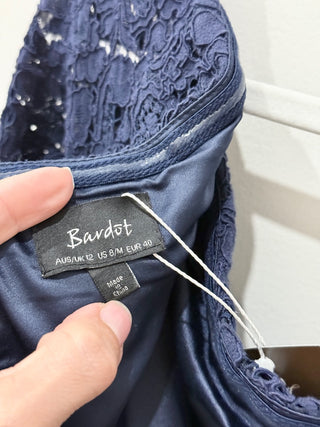 Bardot Solange Off-the-Shoulder Bell Sleeve Lace Bodycon Midi Dress Navy Size 8