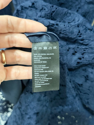 Bardot Solange Off-the-Shoulder Bell Sleeve Lace Bodycon Midi Dress Navy Size 8