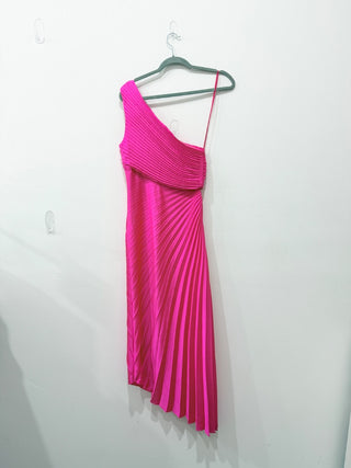 ALC Delfine One-Shoulder Plisse Asymmetric A-Line Midi Dress Pink Womens Size 2
