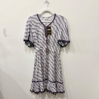 Talitha Printed Pompom Short Sleeve V-Neck Mini Cover Up Dress White/Purple M
