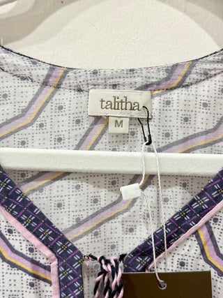 Talitha Printed Pompom Short Sleeve V-Neck Mini Cover Up Dress White/Purple M