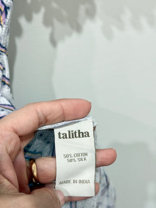 Talitha Printed Pompom Short Sleeve V-Neck Mini Cover Up Dress White/Purple M