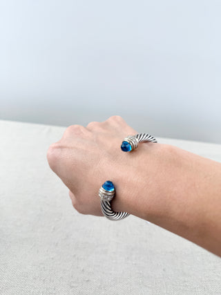 David Yurman 7 mm cable bracelet sterling silver, diamonds, gold and blue topaz, M