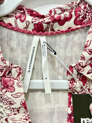 By Anthropologie Floral Eyelet Ruffle Trim Mini Shirtdress Cream/Pink Women's S