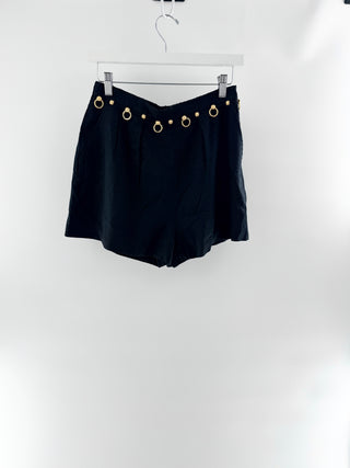 Vix Tay detail shorts crafted from lightweight linen blend, features high-rise waist with gold-tone ring and knot detailing along waistband, S