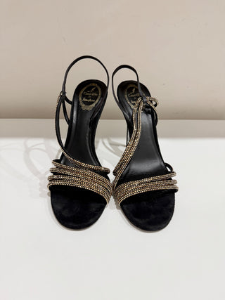 Rene Caovilla Swarovski Crystal Asymmetric Satin Slingback Heels Black EU 40.5