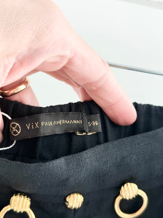 Vix Tay detail shorts crafted from lightweight linen blend, features high-rise waist with gold-tone ring and knot detailing along waistband, S