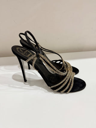 Rene Caovilla Swarovski Crystal Asymmetric Satin Slingback Heels Black EU 40.5