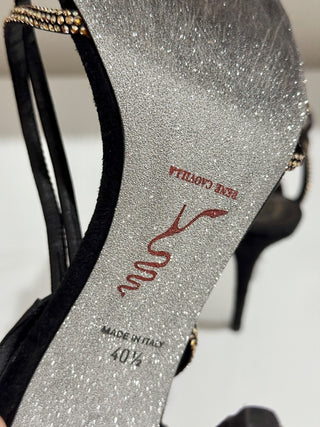 Rene Caovilla Swarovski Crystal Asymmetric Satin Slingback Heels Black EU 40.5