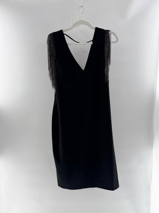 NWT Badgley Mischka Sleeveless V-Neck Midi Dress with Fringe Rhinestones Black 6