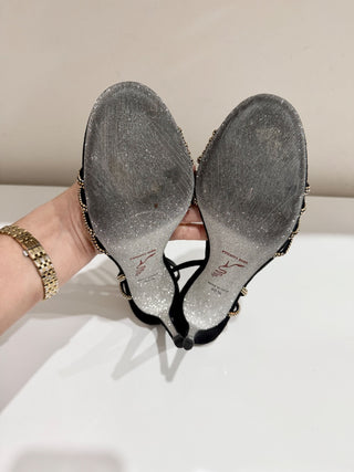 Rene Caovilla Swarovski Crystal Asymmetric Satin Slingback Heels Black EU 40.5