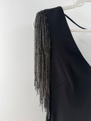 NWT Badgley Mischka Sleeveless V-Neck Midi Dress with Fringe Rhinestones Black 6