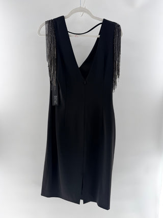 NWT Badgley Mischka Sleeveless V-Neck Midi Dress with Fringe Rhinestones Black 6