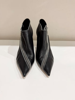Celine Leather Asymmetric Zipper Pointed Toe Booties Black Women's Size EU 40.5