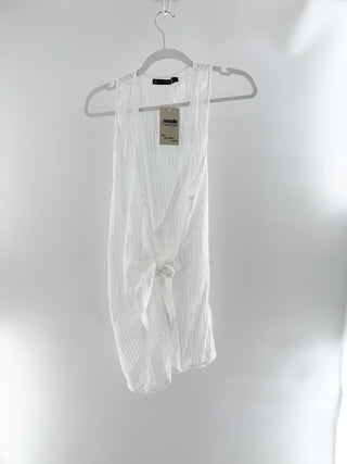 Vix lightweight cotton cover-up featuring plunging halter neckline, textured swiss-dot and striped fabric, and dramatic front tie detail, S