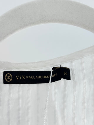 Vix lightweight cotton cover-up featuring plunging halter neckline, textured swiss-dot and striped fabric, and dramatic front tie detail, S