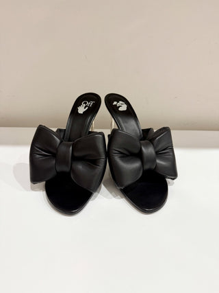 NWOT Off-White Allen Bow Black Leather Mules w/ Metallic Stiletto Heel Womens 40